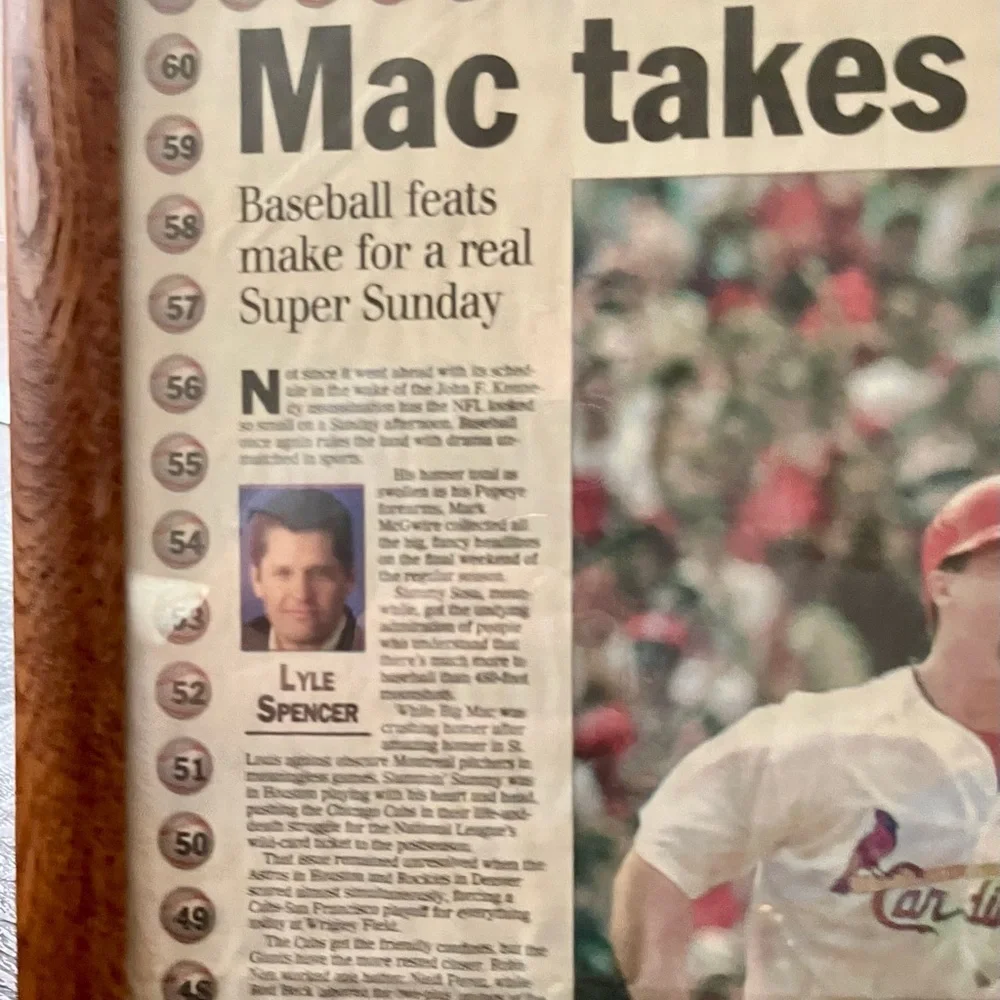 Framed Baseball Newspaper Article in Brown Frame Mark McGuire 13/16 inch